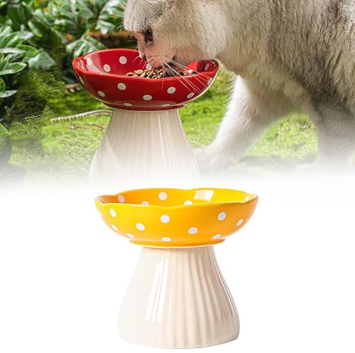 Gamelle surélevée en céramique pour chat - Motif champignon mignon - Pour nourriture et eau - Large et peu profonde - Pour chats adultes et petits chiens (jaune)