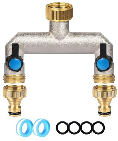 Brass Hose Splitter, 3/4 Inch 2 Way Faucet Diverter, Garden Hose Splitter with 2 Individual Valve and 2 Adapter, Heavy Duty Brass Tap Splitters for Timer, Garden