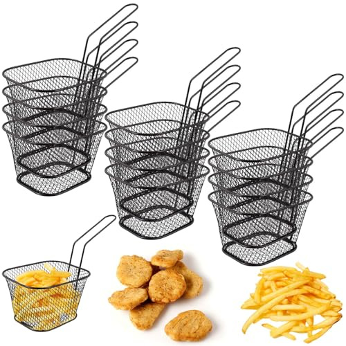 12 Stück Pommes Körbchen, Edelstahl Frittierkorb Klein, Mini Servierkörbchen mit Griff, Pommes Frites Korb, Pommesgitter Frittierkörbchen zum Topf für Pommes Garnelen Frites (Schwarz)