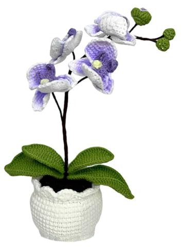 Magicherry Orchidea Phalaenopsis fatta a mano all'uncinetto con piante in vaso artificiali lavorate a maglia, fiori di orchidea Phalaenopsis con squisito vaso per casa, ufficio, matrimonio