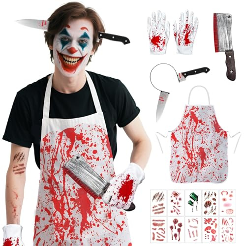 Dandin 14pcs Halloween Schlächter Kostüm Damen Herren Gruselig Metzger Set,Blutige Schürze, Handschuhe, Stirnbänder, Kochmesser, realistisches Tattoo-Aufkleber-Outfit, Costume for Adult