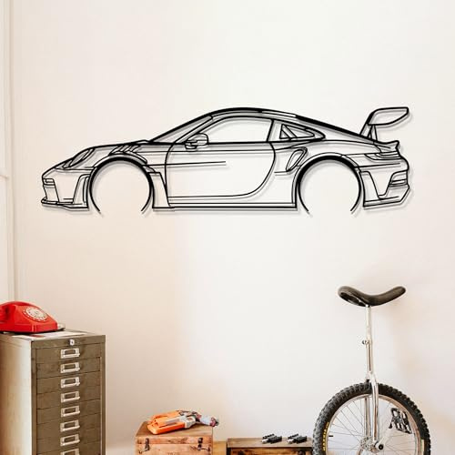 Dekory 911 GT3 RS 992 Sportwagen Wanddekoration aus Schwarzem Metall – Minimalistische Silhouette im Industriestil – XL Wandkunst für Große Garage, Loft oder Wohnzimmer – 120 cm