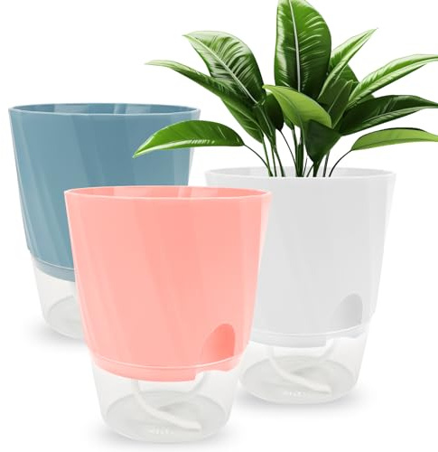 Set di 3 vasi autoirriganti, 15 cm, in plastica con sistema di irrigazione, con sottovaso per interni e balconi, piante grasse con sottovaso trasparente
