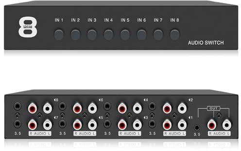 Audio Switcher, Audio Umschalter 8 In 1 Out, Audio Switch 3,5 Mm Aux + RCA L/R, Bidirektional Audio Switcher, Audio Auswahlbox, Video Audio Splitter für Kopfhörer, Phono, Lautsprecher