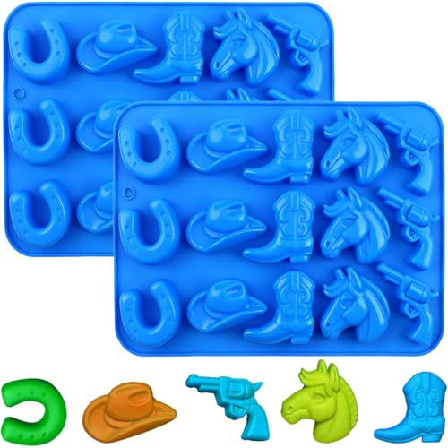 YXHZVON 2 Moules à Chocolat en Silicone Style Cowboy, 15 Cavités Moules à Chocolat Cowboy, Moule 3D en Silicone à Thème Le Far West​ pour Décoration de Gâteaux, Bonbons, Chocolat (Bleu)