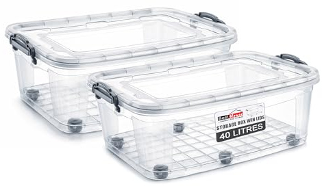 BH | Plastic Storage Box with Lids and Wheels | MEDIUM Size | 40L (L:63.5cm W:40.5cm H:27.5cm) | Set of 2 | Stackable Clear Durable Multipurpose Office Toys Home Tools Crafts Household - by Best House
