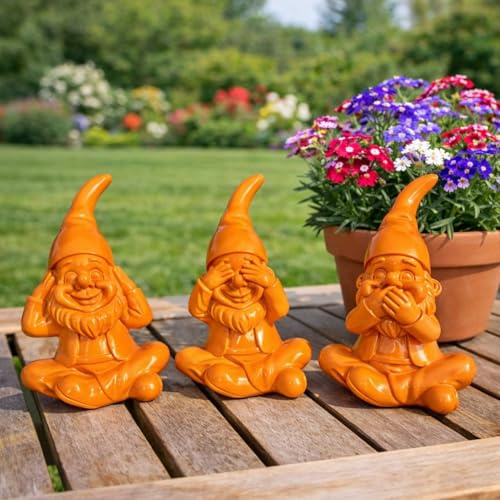 Online Fuchs 3er Set lustige Gartenzwerge, Wichtel - Nichts hören, Nichts sehen, Nichts Sagen - Gartenfiguren für draußen, wetterfest - 16 cm groß (Orange)