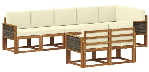 vidaXL Outdoor-Sofagarnitur mit Kissen 8 pcs Natur und Creme Polyester, Moderne Sofa für draußen, Gartenmöbel-Set, wetterfest, gemütliche Terrassen-Lounge