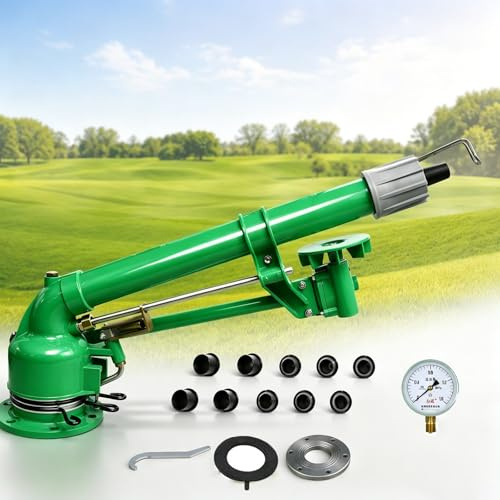 Vortex - Aspersor de 2 pulgadas, cañón de agua giratorio automático de 360 grados, aspersor de impacto resistente con manómetro y 10 boquillas para riego agrícola