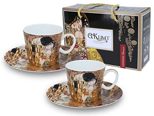 Carmani - Espresso Cups with Saucers Set of 2, Featuring Gustav Klimt, The Kiss, Gift Boxed 100 ml
