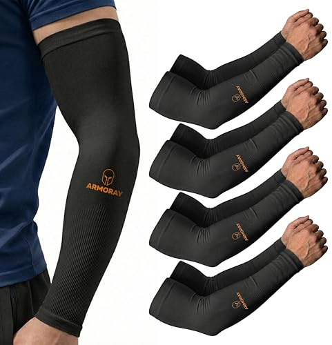 ARMORAY Arm Sleeves for Men & Women - 4 Pair UV Sun Protection Cooling Compression - Tattoo Cover Up Sleeve for Daily Wear & Work (Black)