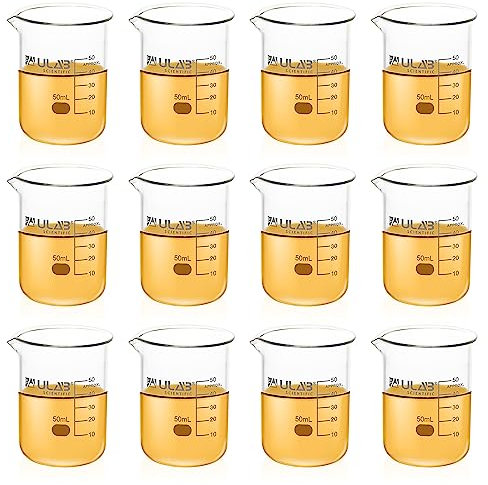ULAB Scientific Glass Beakers Shot Glass, Vol. 50ml, 3.3 Borosilicate Griffin Low Form with Printed Graduation, Pack of 12, UBG1013