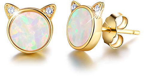 ✦Muttertagsgeschenke für Mama✦ Winglove Ohrringe Silber 925 Opal Katze Ohrstecker Nette Katze mit Naturstein Ohrringe Schmuck Damen Kleine Geschenke für Kinder.(Yellow Gold-White Opal)