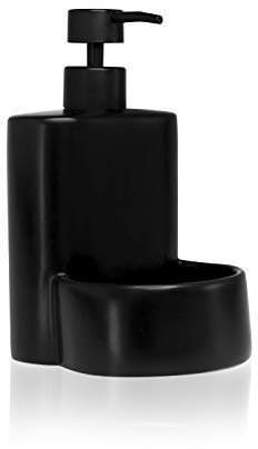 KOOK TIME Dispensador jabón Cocina Negro - jabonera Cocina con Guarda estropajos Fregadero - Apto para Cocina o como dosificador baño con Esponja - Cerámica Mate Color Negro - 10 x 11.5 x 18 cm.