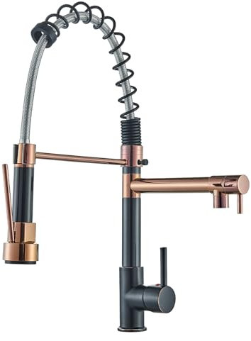 TVTIUO Robinet de cuisine haute pression avec ressort en spirale mitigeur cuisine en laiton avec douche amovible, orientable à 360° eau froide et chaude robinet,or rose+ORB