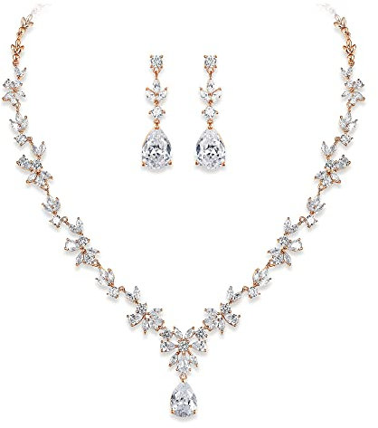 EVER FAITH Hochzeit Schmuck-Set für Damen, Cubic Zirkonia Mode floralen Blatt Rebe Halskette und baumeln Ohrringe Set Rose-Gold-Ton