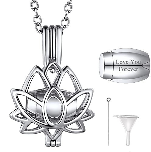 Richsteel Anhänger, personalisierbar, Sonnenblumen-Design, Medaillon, Herz, Lotus, Baum des Lebens, mit Halskette und Zubehör für Asche.,