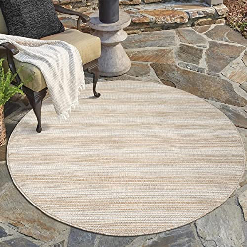carpet city Outdoor Teppich Terrasse Wetterfest - 120x120 cm Rund - Balkonteppich Beige - Streifen Muster - In-& Outdoor Teppiche für Veranda, Garten, Küche, Bad oder Wohnzimmer
