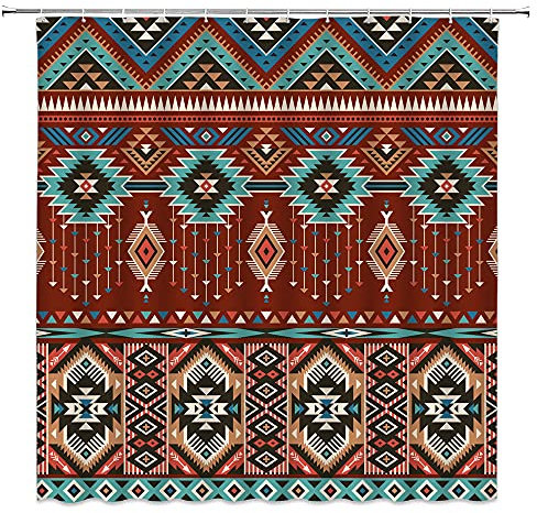 ASVEAS Azteken-Duschvorhang, südwestlich-amerikanischer Stammes-Navajo, ethnisch, abstrakt, geometrisches Vintage-Design, Stoff, Badezimmer-Dekor-Set mit Haken, 178 x 178 cm (B x H)
