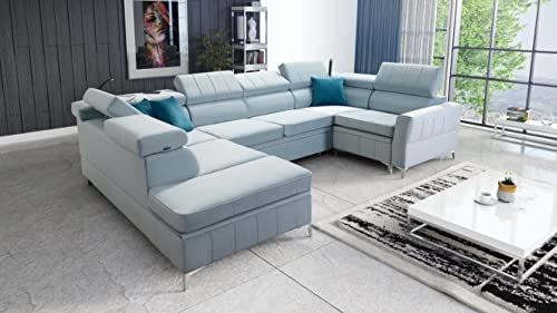 All4All Ecksofa mit Schlaffunktion Bari V 336 x 218 cm - Eckcouch mit Bettkasten - Wohnlandschaft in U-Form - XXL Sofa Groß - Schlafsofa - Hellblau - Seite Links - Modern - Velvetstoff 26