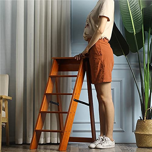 Hamankim Ladder Stool 5 steps Folding Wooden Ladder Chair Portable Stepladder Multifunction Library Steps Bookshelf Display Shelves