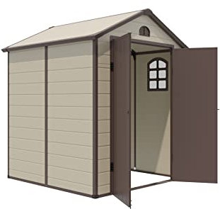 GOPLUS Gerätehaus mit Fenster, Geräteschuppen mit Schrägdach, 193 x 191 x 227 cm, PVC, Metallrahmen, Tür mit Schloss, Gartenschuppen Gartenhaus für Garten & Terrasse