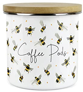 Purely Home Scattered Bees Coffee Pods Canister - White Metal Enamel Kitchen Food Storage Container