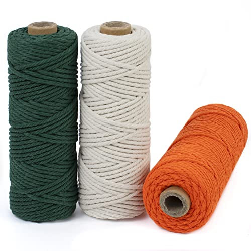 LEREATI Makramee Garn 3mm Set, 150m Makramee-Schnur, Farbig Baumwollseil, Baumwollgarn zum Hängepflanze, Wandbehang, Hochzeitsbogen, Deko (Dunkelgrün, Natur, Orange)