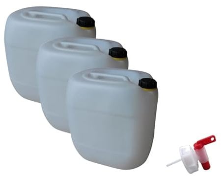 kanister-vertrieb® 3 Stück 30 L Kanister Wasserkanister Kunststoffkanister natur DIN61 + Hahn + Etiketten