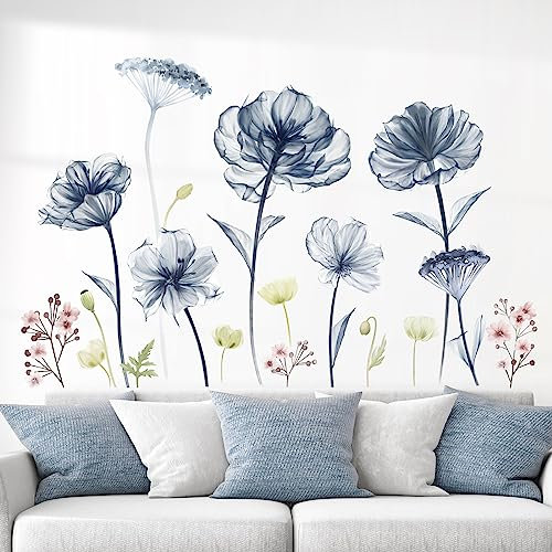 wondever Wandtattoo Blumen Groß Blau Wandaufkleber Aquarell Mohnblumen Blüten Pflanzen Wandsticker Wanddeko für Schlafzimmer Wohnzimmer Sofa TV Hintergrund