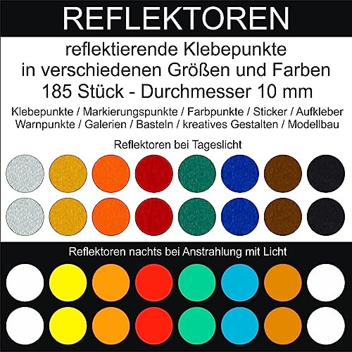 185 Stück Klebepunkte reflektierend aus Folie rund 10 mm selbstklebend wetterfest Aufkleber Reflektor Etiketten Sticker Decal Markierungen Organisieren DIY basteln verzieren Geocaching (Weiß)