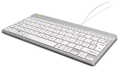 R-Go Compact Break Tastatur, mit Pause-Anzeige, ergonomische Mini-USB-Tastatur, AZERTY (FR), kabelgebunden, Weiss