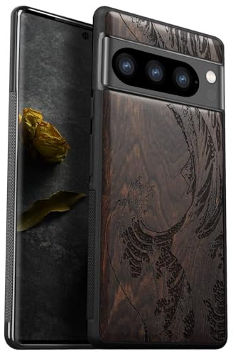 Carveit Funda para Google Pixel 8 Pro Carcasa [Madera y Silicona Híbrido] Antigolpes Carcasa Compatible con Pixel 8 Pro Cover (Madera Oscura-La Gran Ola de Kanagawa)