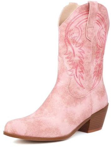WeFloHsL Femmes Talon Carré Bas Santiags Bottes De Cowboy Bout Pointu Brodé Bottes Mi-Mollet,Rose,39 EU