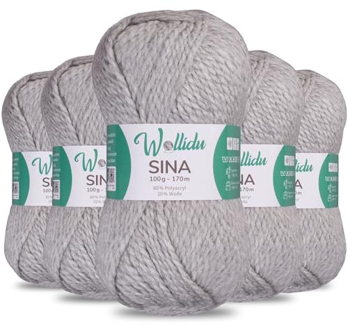 Wollidu Sina Wolle zum Stricken und Häkeln 500g Premium Strickwolle/Häkelwolle Set OEKO-TEX zertifiziert 5 x 100g/170m 80% Polyacryl 20% Schafwolle mulesing-frei - Grau