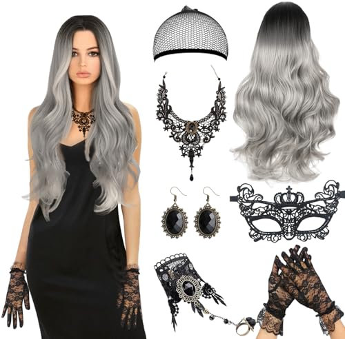 Perücke Damen, 70cm Silbergrau Perücke Frauen, Karneval Spitze Maske und Lace Handschuhe Halsketten, Synthetische Perücke mit Haarnetz, Damen Gothic Zubehör für Karneval, Halloween Kostüm Maskerade