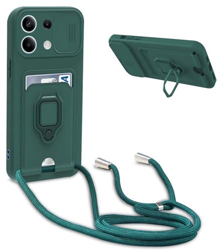 Handykette Schutzhülle kompatibel mit Xiaomi Redmi Note 13 Pro 5G (no para 4G) Handyhülle mit Band,Silikon Handyhülle Case mit Schiebe Kameraschutz,360 Grad Ringhalter Stand,Kartenfach,Dunkel Grün