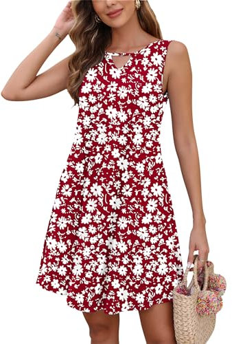 AUSELILY Vestidos Verano Mujer Vestido de Playa Vacaciones Color sólido Estampado Elegante Lindo Ligero sin Mangas