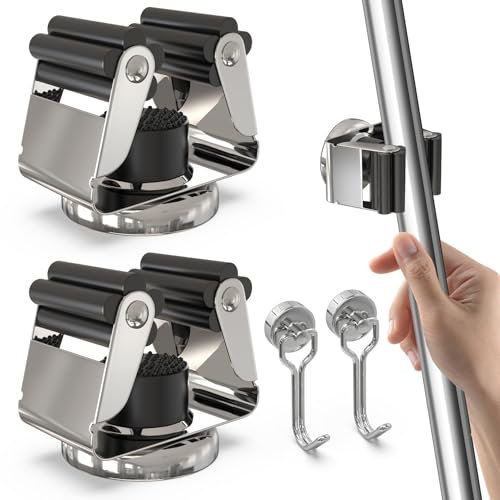 3-H Colgador Escobas Magnético Fuerte 2 Piezas,Soporte Escobas Pared SUS304 Acero Inoxidable Colgador Escobas y Fregonas Impermeable,12.5KG con 2 mini Gancho Magnético para Baño,Garaje, Jardín, Cocina