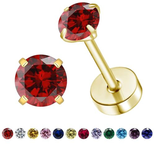 Natürliche Geburtsstein Ohrstecker für Frauen Teenager Mädchen, kleine 3mm CZ Ohrstecker flach zurück Ohrringe, Schraube zurück winzige Ohrringe Ohrstecker (Gold, 1-Granat)