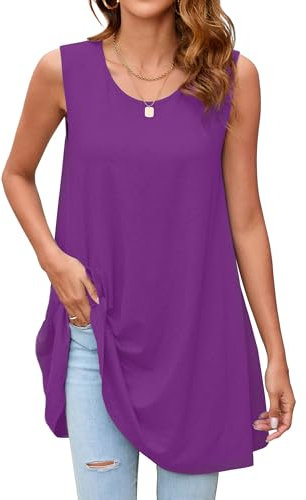 Enmain Canotta Donna Estiva Lunga Taglie Forti Canottiera Top Donna Magliette Tunica Senza Maniche Maglia Lungo per Leggings Blusa Viola S