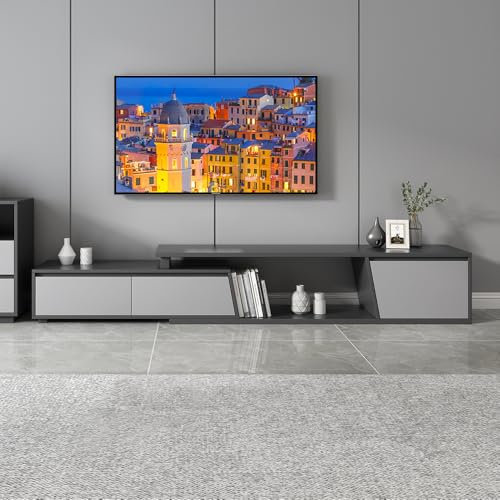 Homary Ausziehbare TV-Konsole für Wohnzimmer, rechteckiges Entertainment-Center mit 3 Schubladen, TV-Ständer bis zu 279,4 cm (ausziehbar: 180 cm B x 290 cm) (grau)