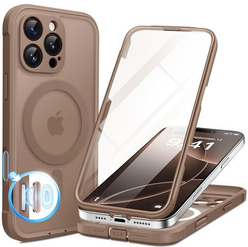 BERFY Magnetic for iPhone 16 Pro Max Case, Compatible with MagSafe, [Built-in 9H Tempered Glass Screen Protector & Camera Protection] Full Body Translucent Matte Phone case for 16 Pro Max, Brown