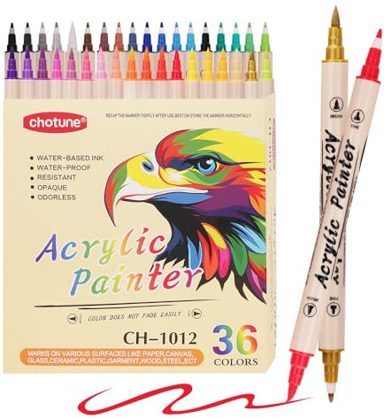 CHOTUNE 36 Farben Acrylstifte für Steine wasserfest mit Doppelspitze (Feine Spitze und Pinsel) Acrylfarben stifte verschiedene Oberflächen Für Kunststoff Glas Holz Keramik Metall Reifen Leinwand