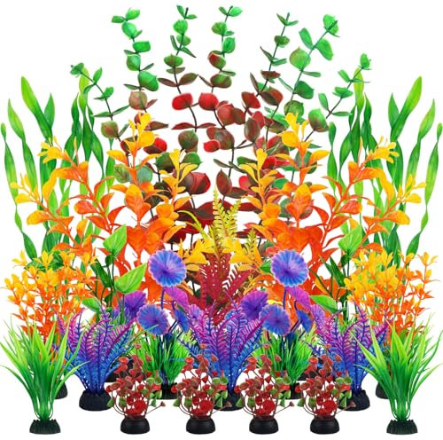 QUOZUO Fish Tank Decorations Plastic Plants Large, Aquarium Artificial Plants Decor Colorful Ornament Safe for All Fish - 20pcs