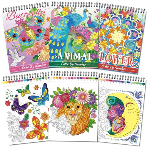 Kalysky 3 Farbe nach Zahl Ausmalbuch für Erwachsene, Malbuch für Erwachsene 60 Muster von Blumen, Schmetterling, Tiere, Color by Number Book, A4 Perforierte Seite