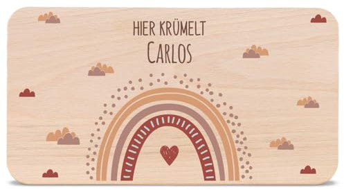 GRAVURZEILE - Bedrucktes Frühstücksbrettchen aus Holz - Regenbogen - Personalisiert mit Namen - Lebensmittelechter umweltfreundlich zertifizierter Druck (GreenGuard Gold) - Farbe: Rot