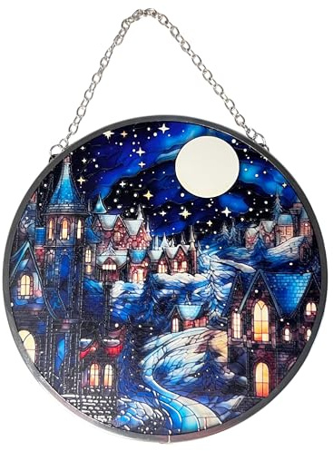 15cm Diameter Stained Glass Suncatcher, WINTER SCENE DESIGN, festive holiday window decor