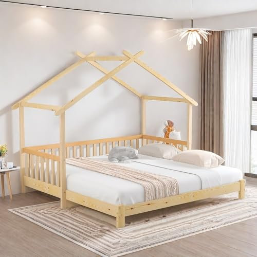 Etagenbett für Kinder, 90 x 200 cm, Ausziehbett auf dem Baumhaus, Hochbett, Doppelbett, Kinderbett, Schlafsofa, Einzelbett und Doppelbett, reines Massivholz, Natur