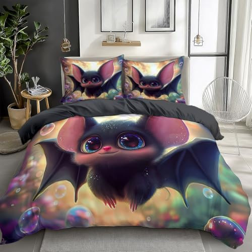 Bettwäsche Set 135 x 200 cm Bettbezug Doppelseitig Bettwäsche Rauchgrau Bettbezug für Erwachsene und Kinder 2 Kissenbezüge 80x80cm, Fantasiewald Fledermäuse mit großen Augen Bettwäsche für Kinder